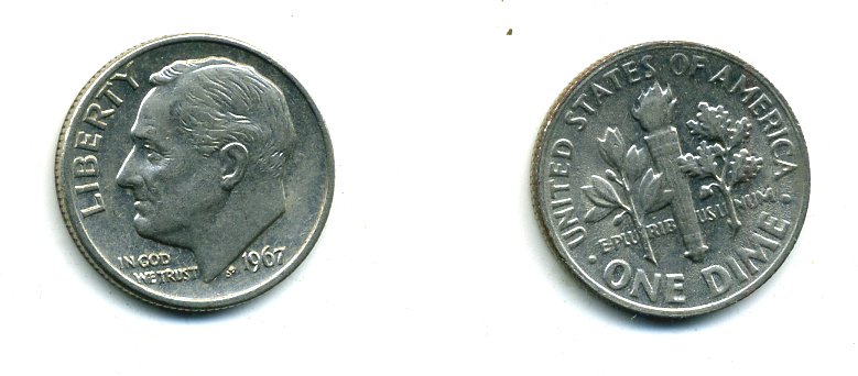 США 10 центов (дайм) 1967 Рузвельт KM 195а медь плакированная медно-никелем 46-2365