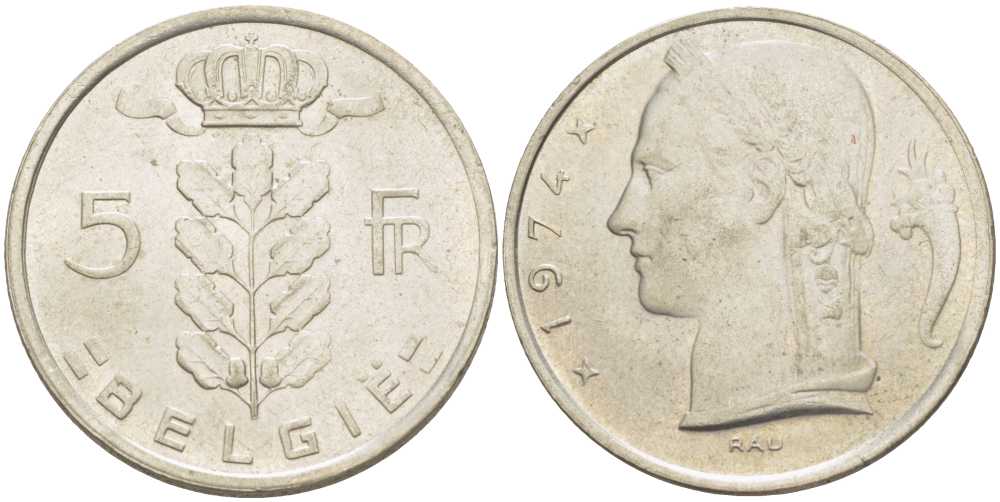 БЕЛЬГИЯ 5 ФРАНКОВ 1974 BELGIE, БОДУЭН I (1951-1993) KM 135.1 медно-никель 4364-1137