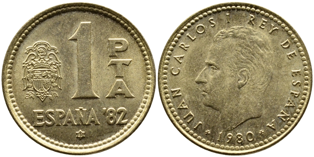 Испания 1 песета 1980 (80) чемпионат мира по футболу в Испании 1982 года, Хуан Карлос I (1975-) KM 816 алюминиевая бронза 4382-1233