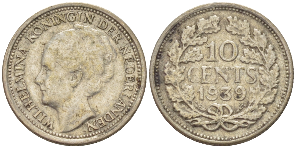 Нидерланды 10 центов 1939 Вильгельмина I (1890-1948) KM 163 серебро 84-958