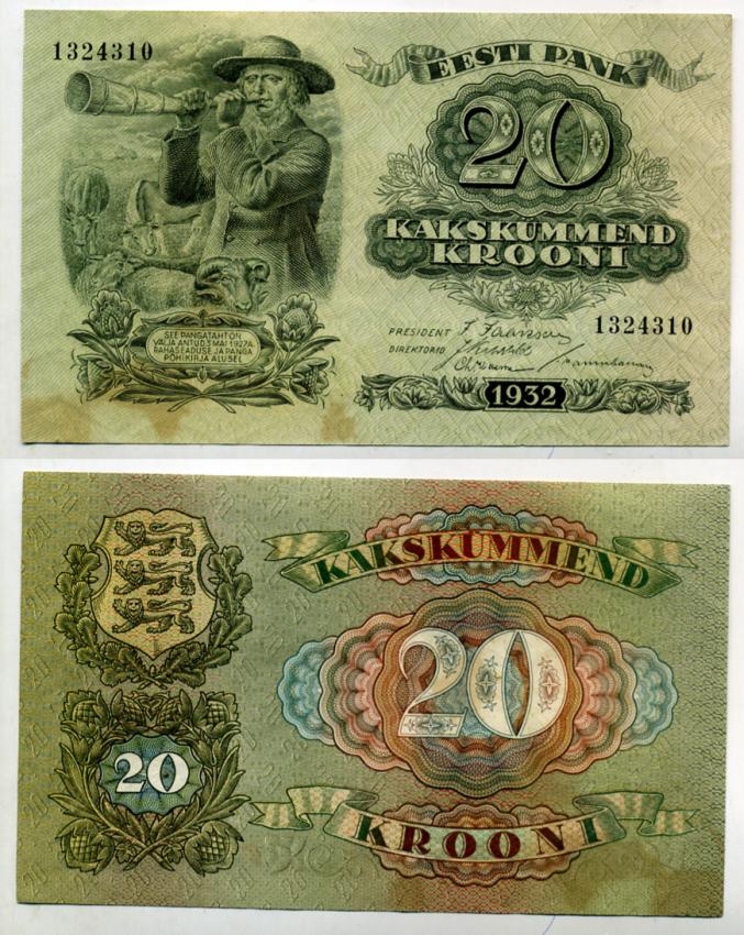 Эстония 20 крон 1932 пастух Pick 64 a бумага 7375-27-1-2