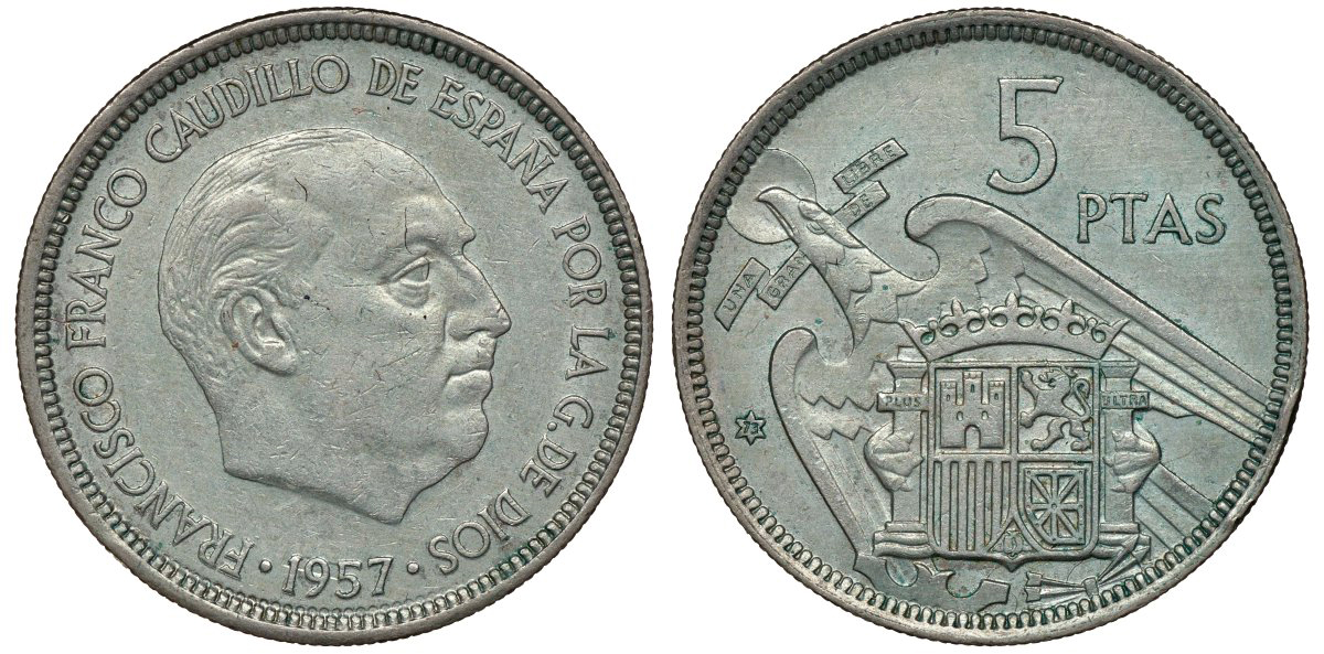 ИСПАНИЯ 5 ПЕСЕТ 1957 (73) ФРАНСИСКО ФРАНКО ДИКТАТОР ИСПАНИИ (1939-1975) KM 786 медно-никель 72-953