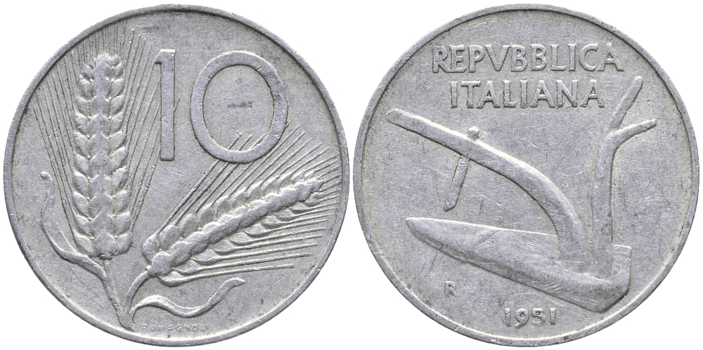 ИТАЛИЯ 10 ЛИР 1951 R, ПЛУГ KM 93 алюминий 28-846