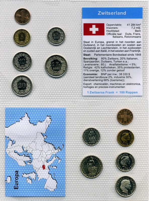 ШВЕЙЦАРИЯ НАБОР ИЗ 6 МОНЕТ 2001-2002 1, 5, 10, 20 РАППЕНОВ, 1/2 ФРАНКА , 1 ФРАНК, В ЦЕЛЛОФАНОВОЙ ЗАПАЙКЕ KM UNC 5-6-3-61