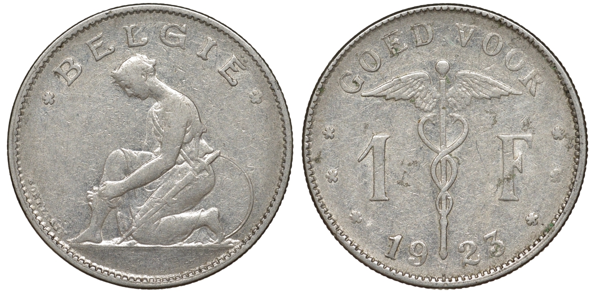 Бельгия 1 франк 1923 Belgie, Альберт I (1909-1934) KM 90 никель 51-414