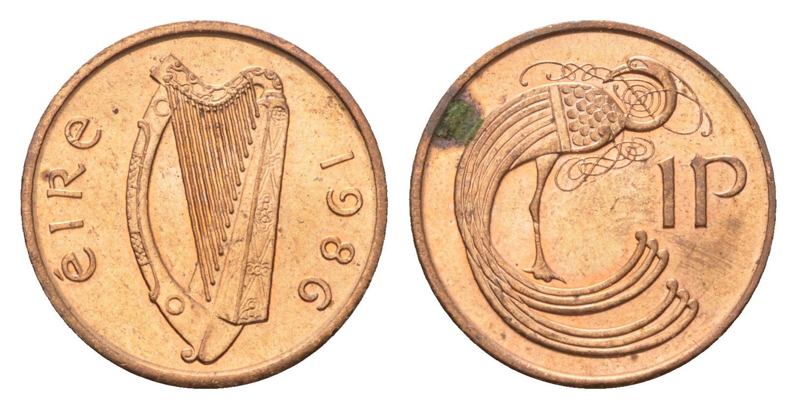Ирландия 1 пенни 1986 мифологическая птица лира KM 20 бронза UNC 4696-416
