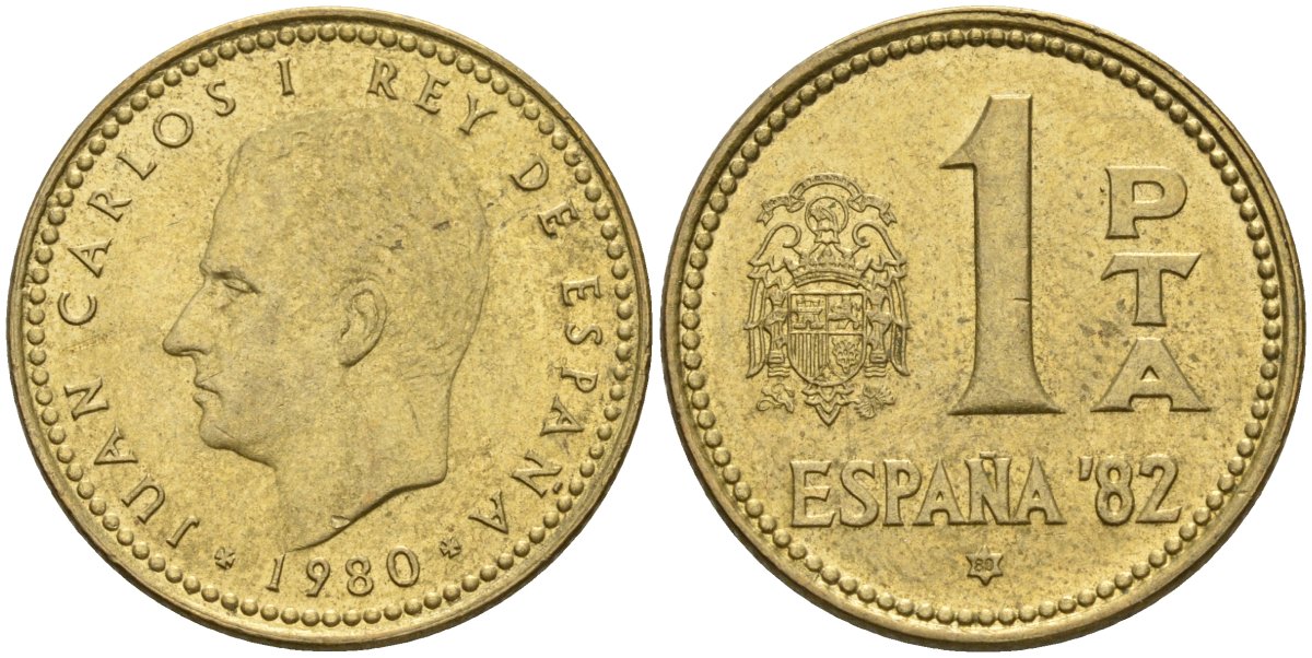 Испания 1 песета 1980 (80) чемпионат мира по футболу 1982 года в Испании, Хуан Карлос I (1975 - 2014) KM 816 алюминиевая бронза 4604-447