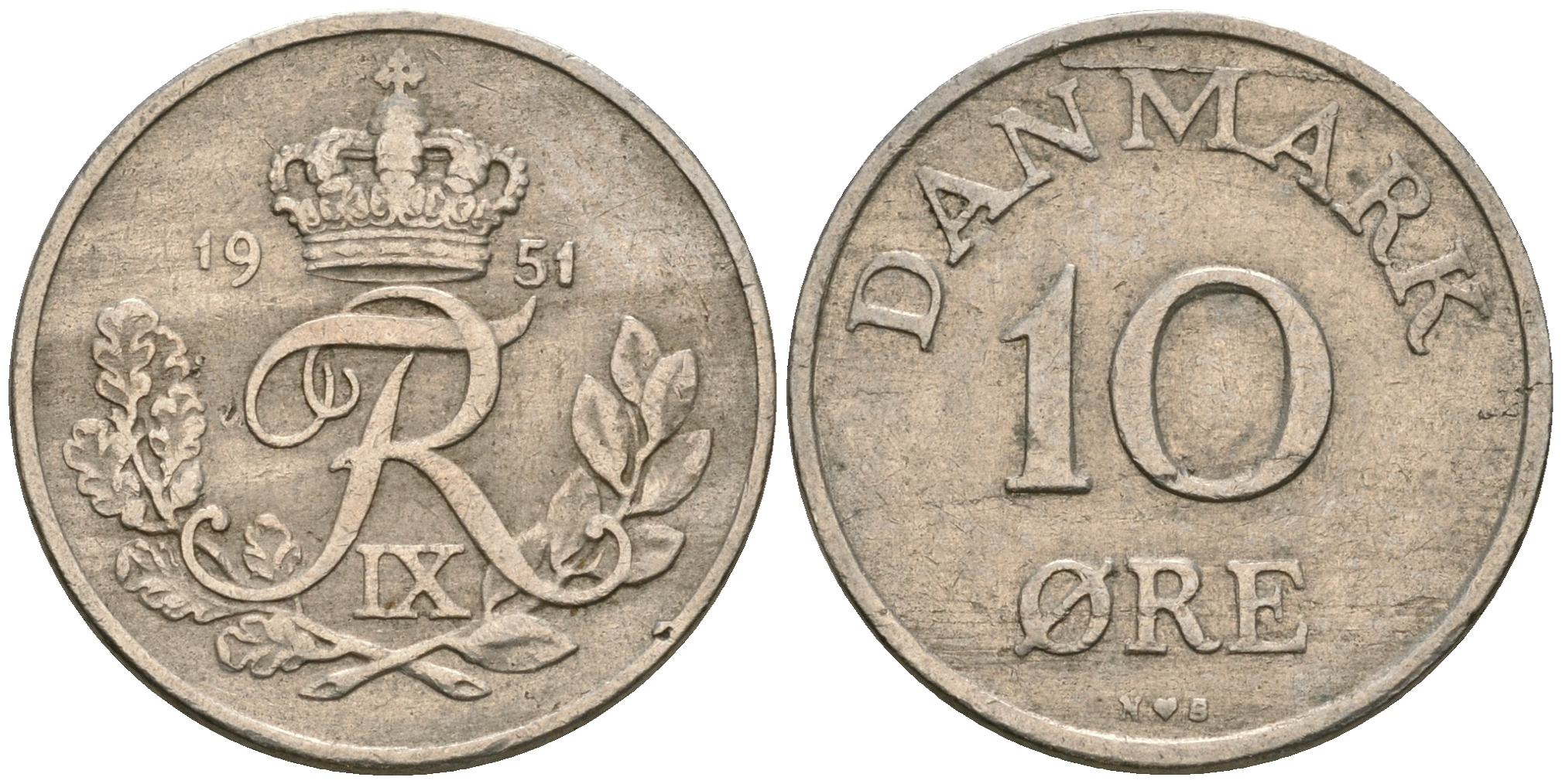 Дания 10 эре 1951 N; S, Фредерик IX (1947-1972) KM 841 медно-никель 08-1319