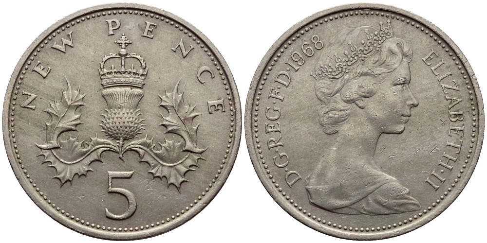 Великобритания 5 пенсов 1968 Елизавета II (1952-2022) KM 911, Spink 4233 (D1) медно-никель 51-2751