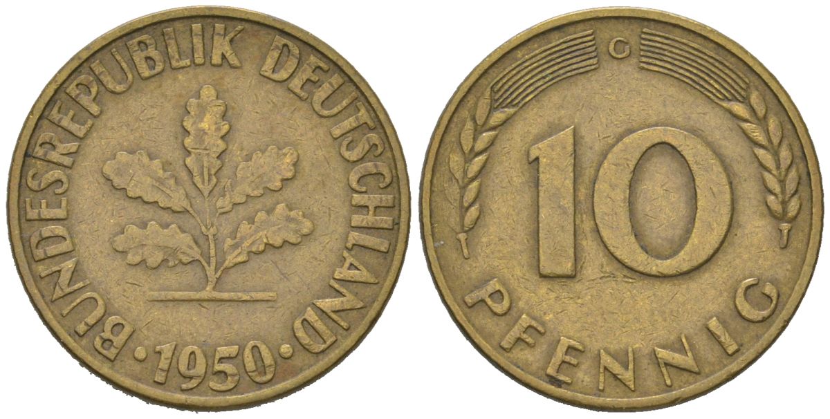 ФРГ 10 пфеннигов 1950 G KM 108, J. 383 сталь плакированная латунью 4175-336