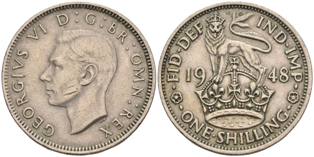 Великобритания 1 шиллинг 1948 Георг VI (1936-1952), Английский герб KM 863, Spink 4103 медно-никель 4126-442