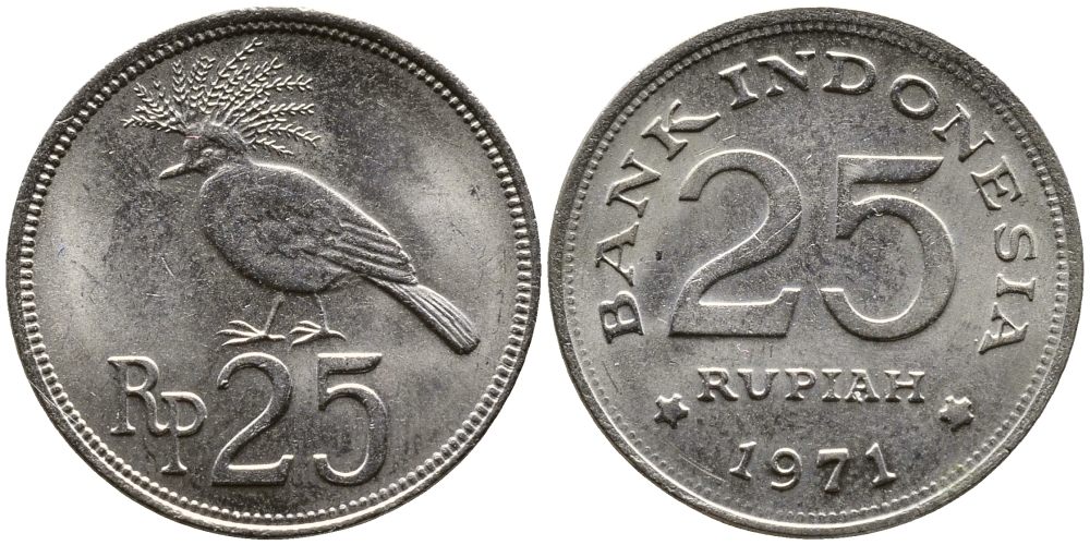 Индонезия 25 рупий 1971 венценосный голубь KM 34 медно-никель UNC 4387-652
