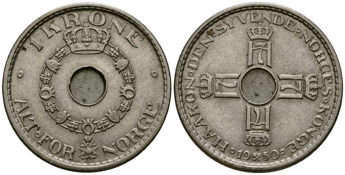 Норвегия 1 крона 1950 Хокон VII (1905 - 1957) KM 385 медно-никель 4582-616