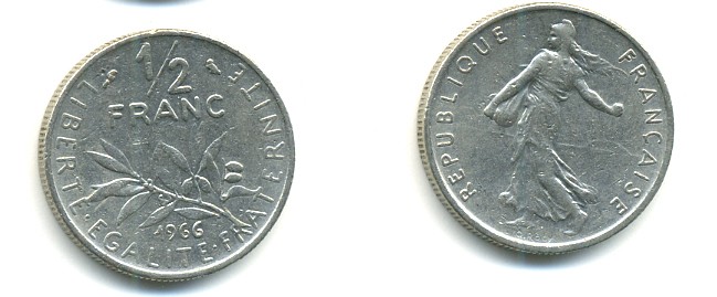 ФРАНЦИЯ 1/2 ФРАНКА 1966 СЕЯТЕЛЬ KM 931.1, LE FRANC 198.5 никель 25-817
