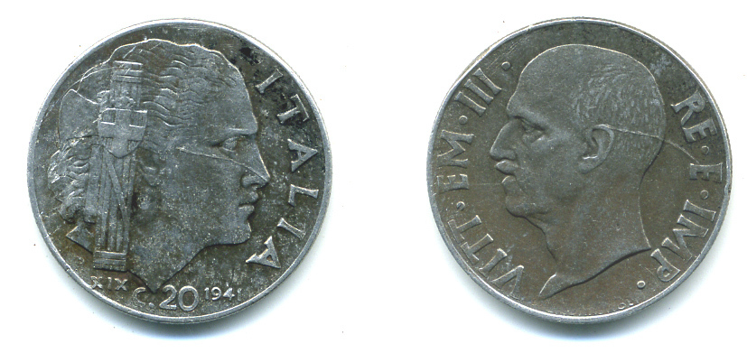 ИТАЛИЯ 20 ЧЕНТЕЗИМО 1941 R, ВИКТОРИО ИМАНУИЛ, ГОД XIX, МАГНИТНАЯ KM 75b сталь 71-1523