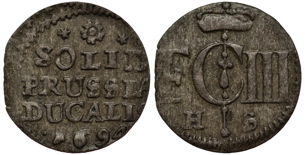 Бранденбург-Пруссия 1 шиллинг 1694 HS, Фридрих III (1688-1701), вес 0,60 гр. KM 590, v. Schrotter 847 серебро 1516-115