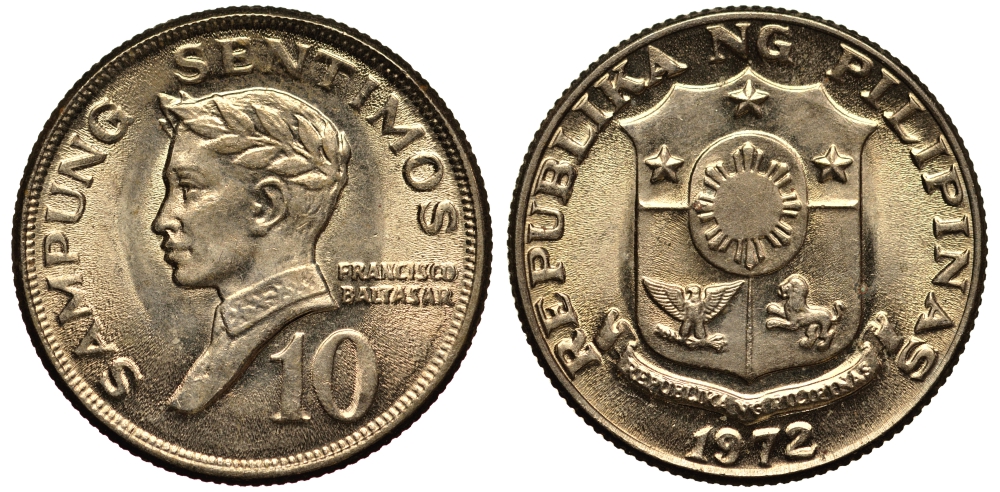 ФИЛИППИНЫ 10 СЕНТИМО 1972 ПОЭТ ФРАНСИСКО БАЛЬТАСАР KM 198 медь цинк никель XF-UNC 4181-264