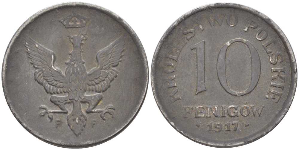 ПОЛЬША 10 ФЕНИГОВ 1917 FF. ГЕРМАНСКАЯ ОККУПАЦИЯ, ПЕРВАЯ МИРОВАЯ ВОЙНА, ЛЕГЕНДА НЕ КАСАЕТСЯ КРАЯ KM 6 железо 5010-1244