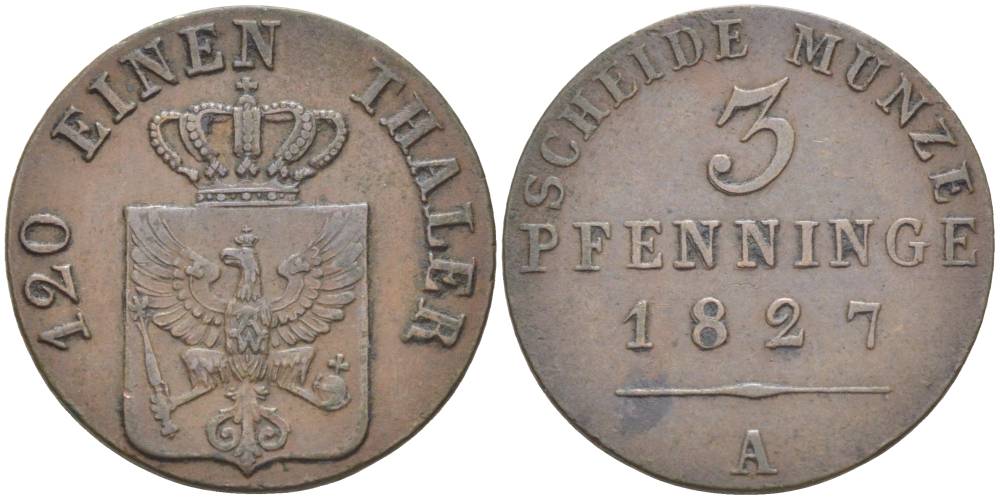 ПРУССИЯ 3 ПФЕННИГА 1827 А, ФРИДРИХ ВИЛЬГЕЛЬМ III (1797-1840), ВЕС 4,56 ГР., МОНДВОР БЕРЛИН KM 407, Jaeger 44, AKS 33, Olding 189. медь 31-1057