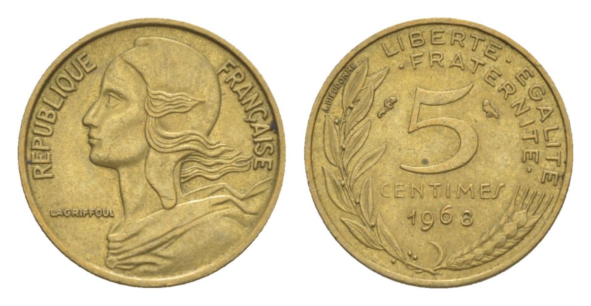 Франция 5 сантимов 1968 тип Morlon KM 933, Le Franc 125.4 алюминиевая бронза 4630-322
