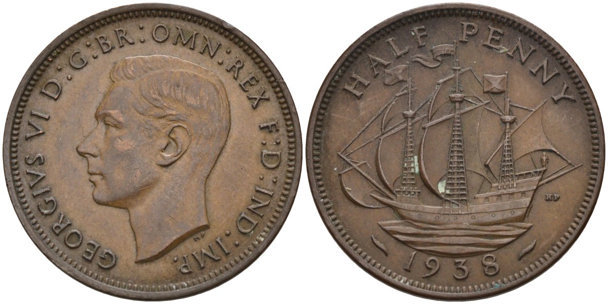 Великобритания 1/2 пенни 1938 Георг VI (1936-1952) KM 844, Spink 4115 бронза 4116-1242