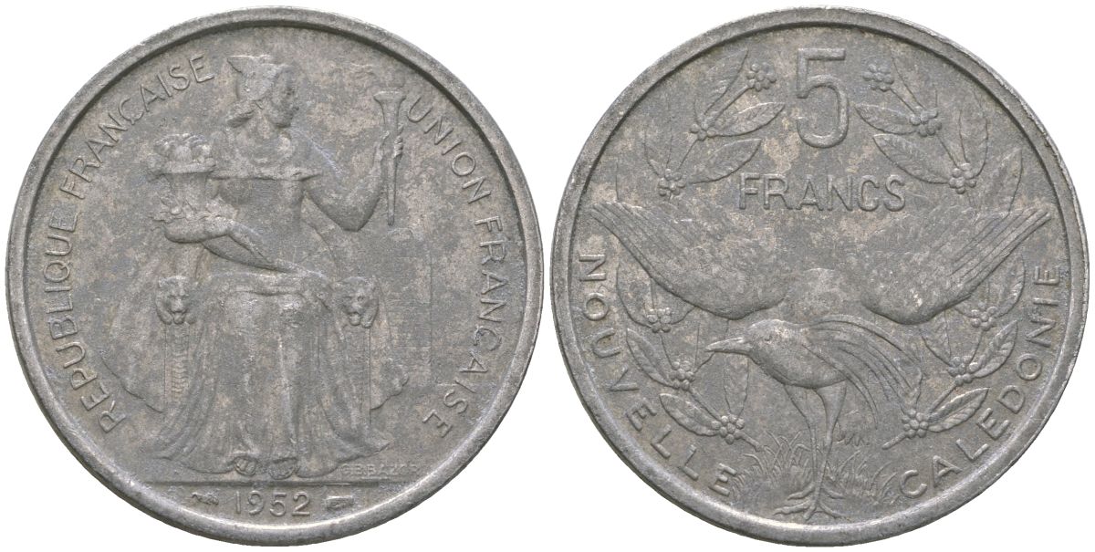 Французская Новая Каледония 5 франков 1952 птица кагу, (IEOM) KM 4, Schoen 4, Lec 71 алюминий 179-234