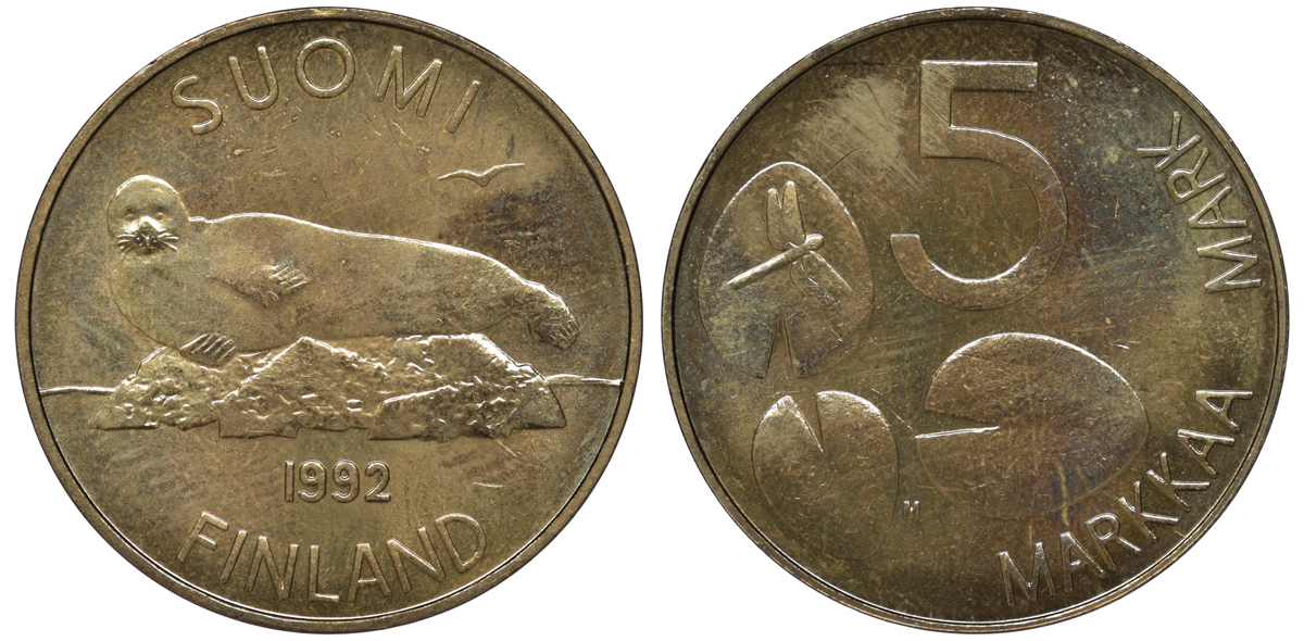 ФИНЛЯНДИЯ 5 МАРОК 1992 M, МОРЖ KM 73 медь алюминий никель UNC 3334-821