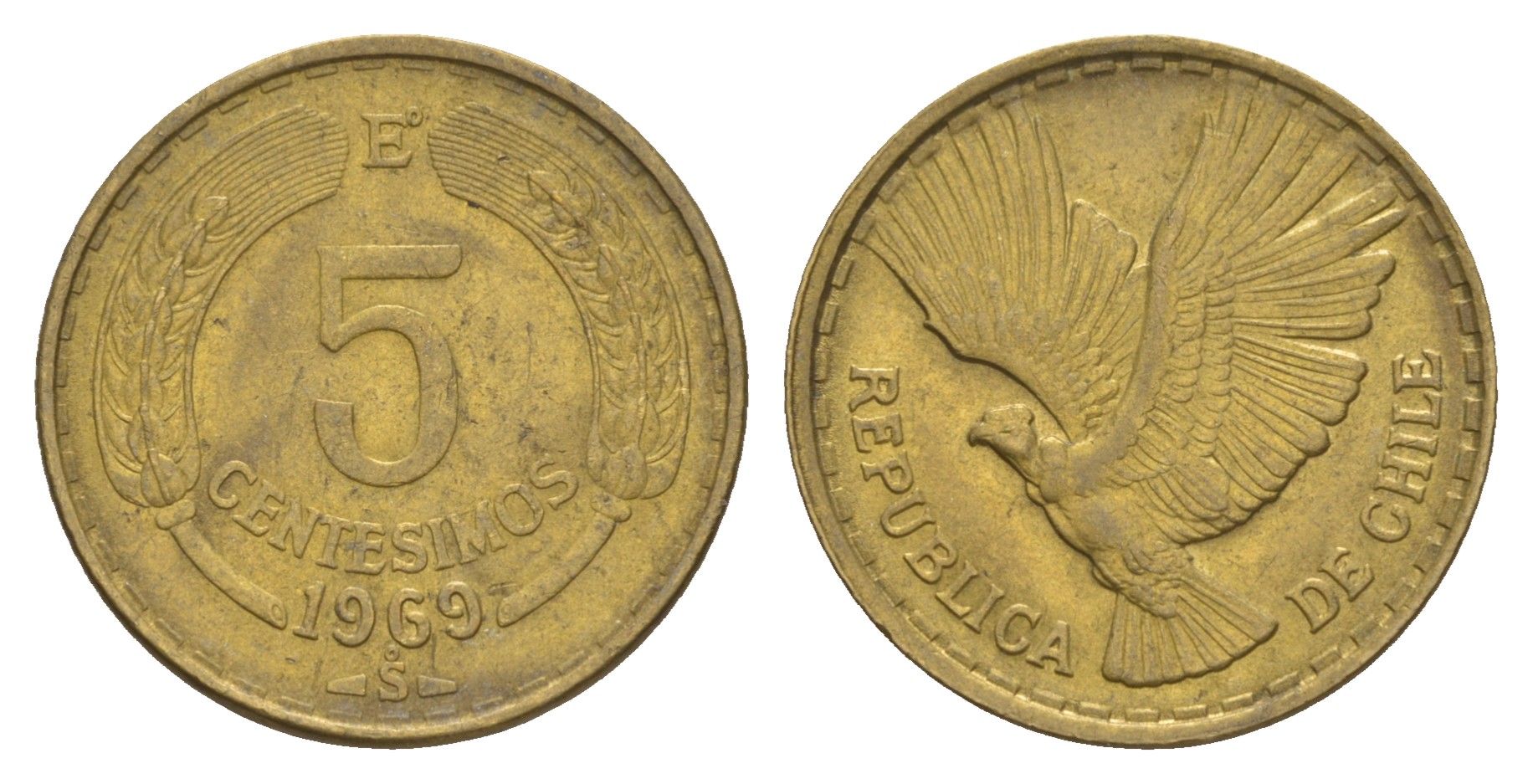 Чили 5 сентесимо 1969 KM 190 алюминиевая бронза 4656-1021