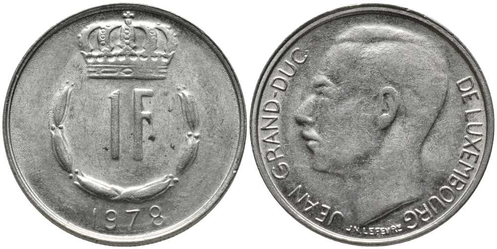 ЛЮКСЕМБУРГ 1 ФРАНК 1978 ВЕЛИКИЙ ГЕРЦОГ ЖАН (1964-2000) KM 55 медно-никель 113-537