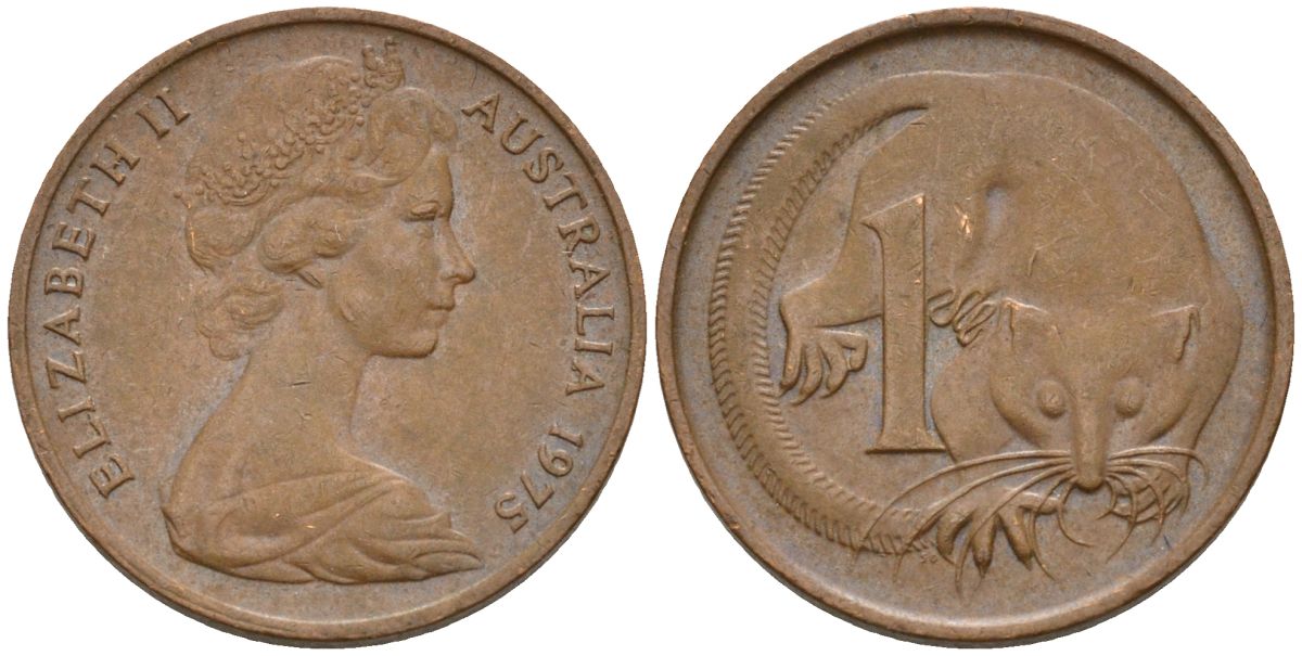 Австралия 1 цент 1975 Елизавета II (1952-) молодой портрет, опоссум KM 62 бронза    4154-424