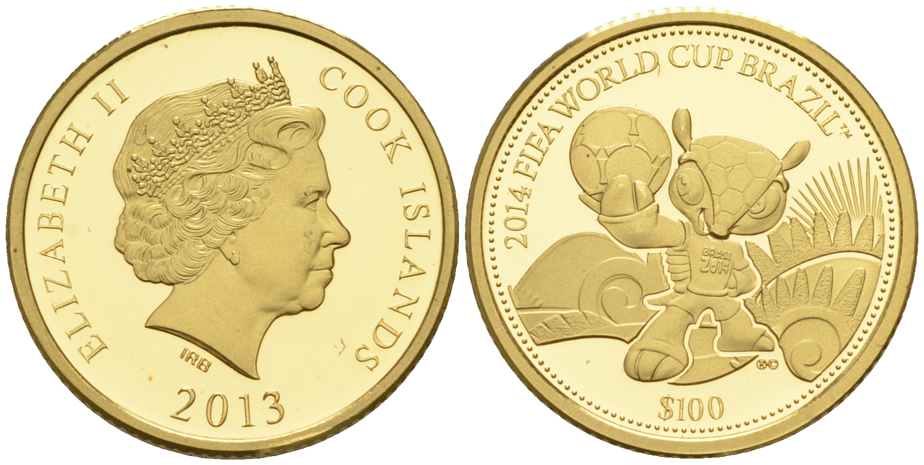 Острова Кука 100 долларов 2013 Чемпионат мира по футболу в Бразилии 2014, талисман KM NEW золото PROOF 00-000-00