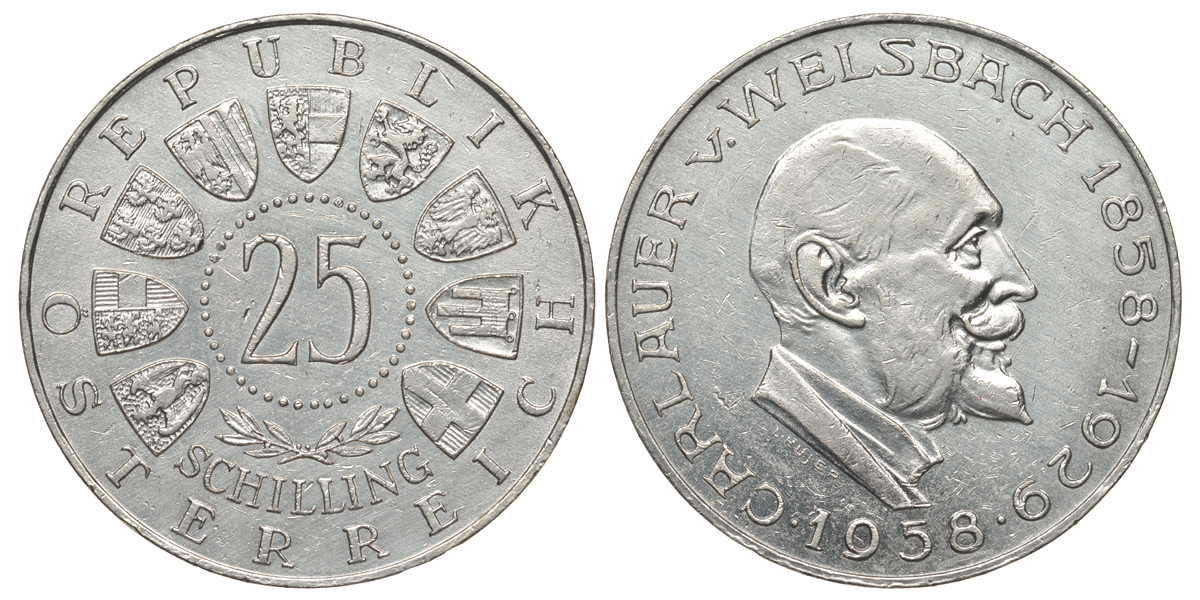 Австрия 25 шиллингов 1958 100 лет со дня рождения Карла Вельсбаха KM 2884 серебро aUNC 413-6721
