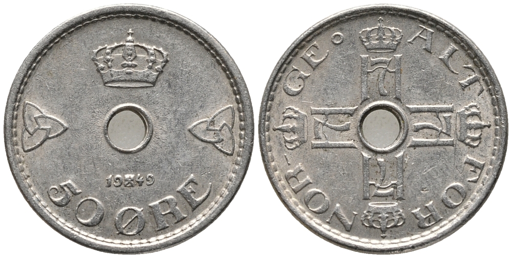 Норвегия 50 эре 1949 Хокон VII (1905-1957) KM 386 медно-никель 67-134