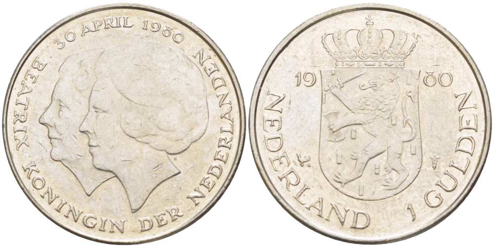 Нидерланды 1 гульден 1980 на коронацию Беатрикс, 30 апреля 1980 KM 200 никель 210-1233