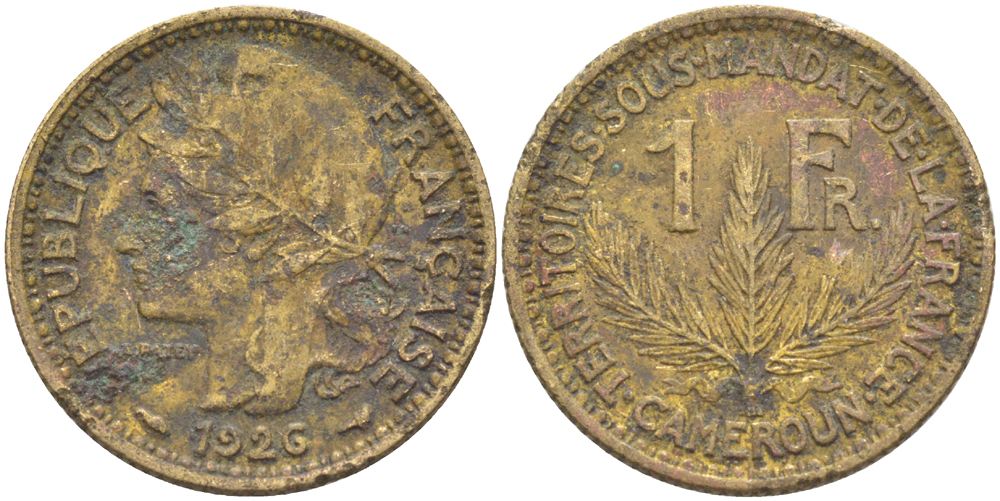 Французский Камерун 1 франк 1926 (а), монетный двор Париж KM 2 алюминиевая бронза 73-1054