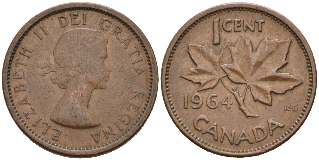 Канада 1 цент 1964 Елизавета II (1952-2022), кленовый лист KM 49 бронза 4564-848