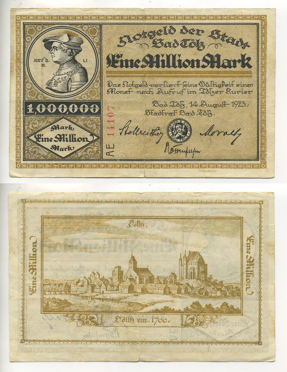 Германия, Бад-Тёльц 1000000 марок 1923 нотгельд, 14 августа 1923, земля Бавария   бумага   7217-82-2-2