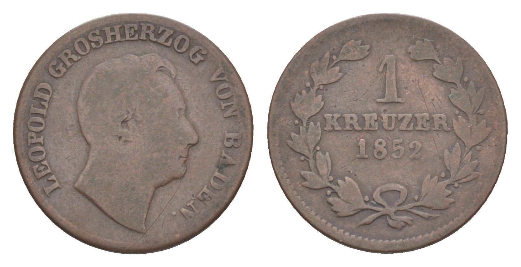 Баден 1 крейцер 1852 Леопольд (1830-1852) KM 218 медь 4639-634