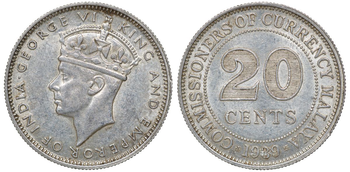 Британская Малайя 20 центов 1939 Георг VI (1937-1952) KM 5 серебро 53-412