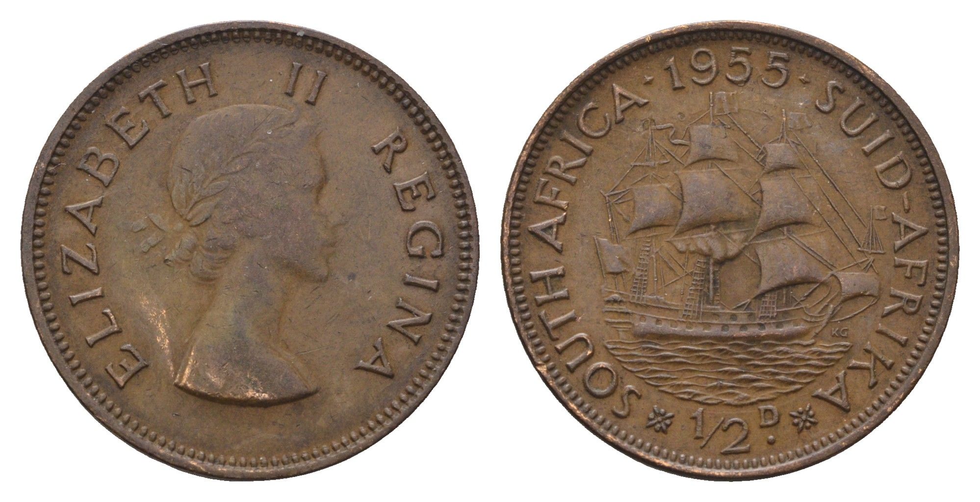 ЮАР 1/2 пенни 1955 Елизавета II (1952-1960), парусник KM 45 бронза 4693-231