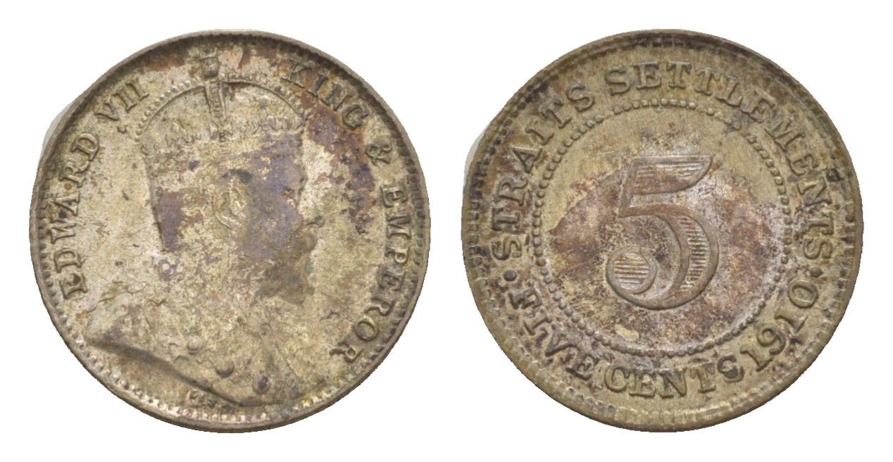 Стрейтс-Сетлментс (Стрейтс Сетлментс) 5 центов 1910 Эдуард VII (1901-1910) KM 20a серебро 1519-1035