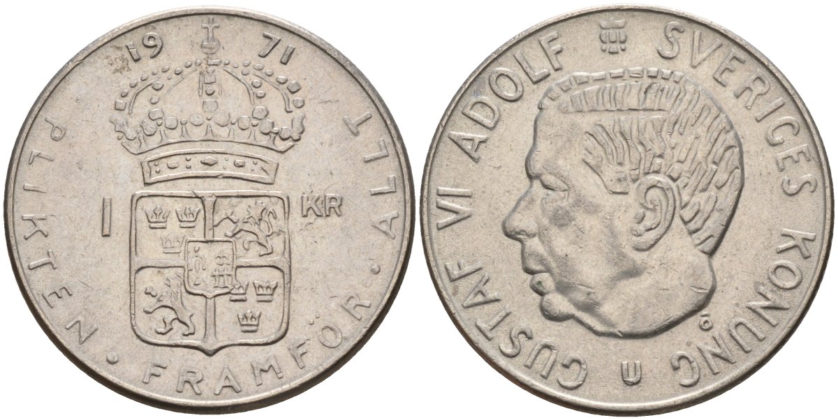 Швеция 1 крона 1971 U, Густав VI Адольф (1950-1973) KM 826a медь плакированный медно-никелем 4150-324