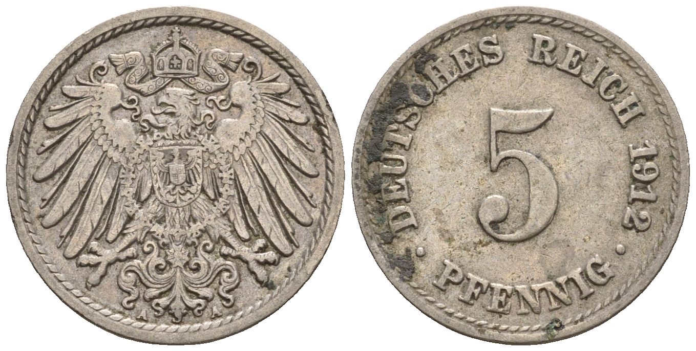 Германия 5 пфеннигов 1912 A, KM 11, J. 12 медно-никель 220-614