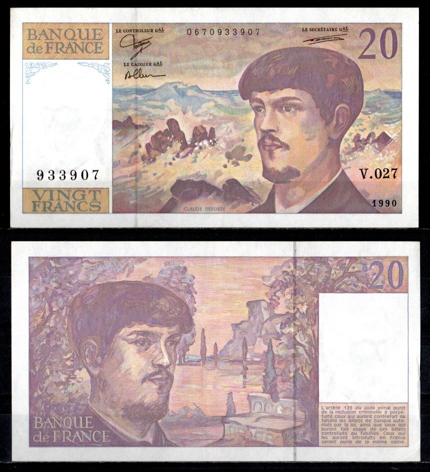 Франция 20 франков 1990 Pick 151 d бумага aUNC 7222-21-2-2