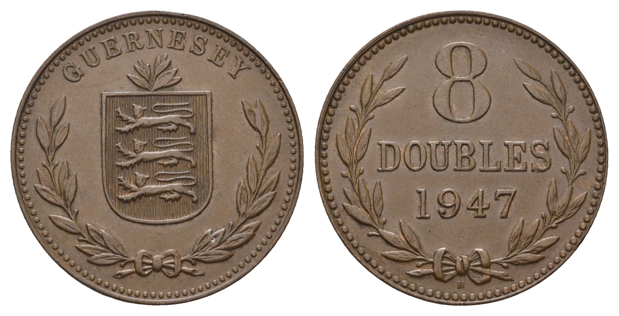 Гернси 8 даблов (дублей) 1947 KM 14 бронза 4607-542