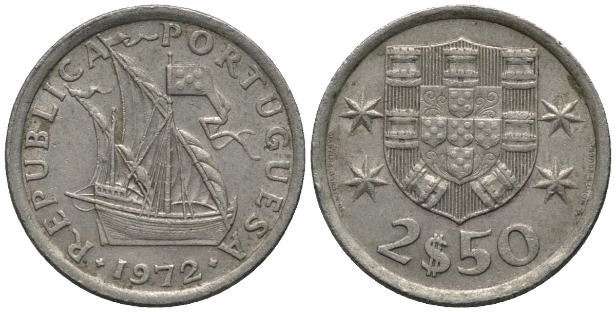 Португалия 2,5 эскудо 1972 парусник KM 590 медно-никель 4576-1265