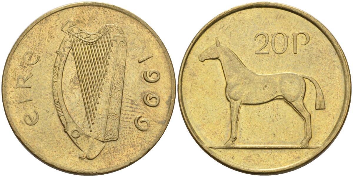 Ирландия 20 пенсов 1999 лошадь KM 25 никель бронза XF 4583-326