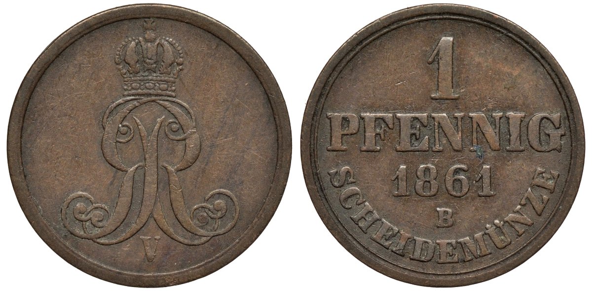 Ганновер 1 пфенниг 1861 B, Георг V KM 233, AKS 156, J. 90 медь 4594-217