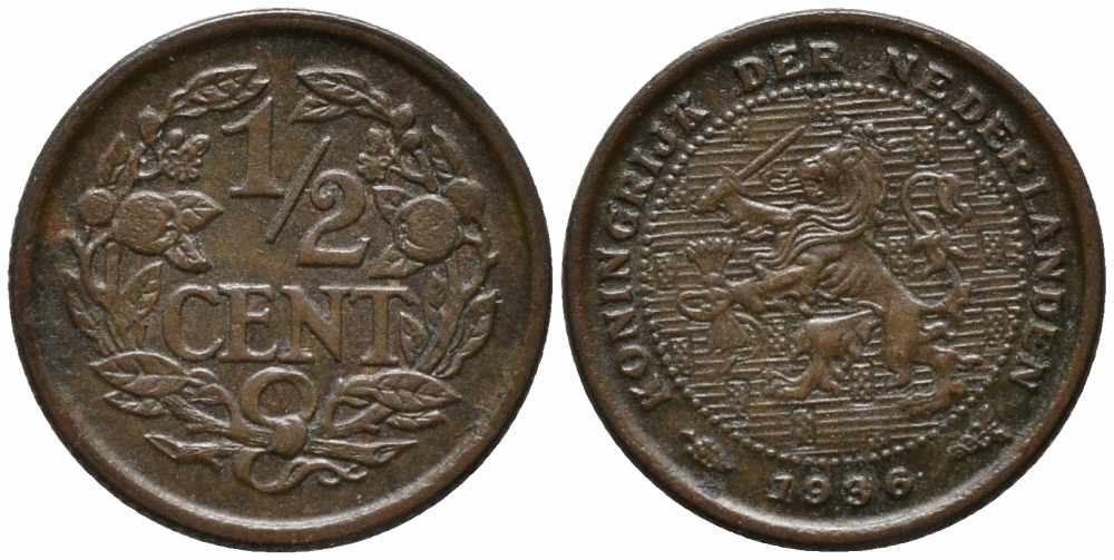 НИДЕРЛАНДЫ 1/2 ЦЕНТА 1936 ВИЛЬГЕЛЬМИНА (1890-1948) KM 138 бронза 112-427