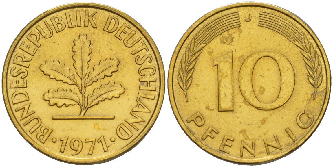 ФРГ 10 ПФЕННИГОВ 1971 J KM 108, J. 383 сталь плакированная латунью 4544-1123